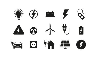 Yeşil enerji ikonu. Ampul, pil, soket, nükleer enerji santrali, yel değirmeni, araba, güneş pili. Gezegen kavramını sakla. İş ve Reklamcılık için vektör satırı simgesi