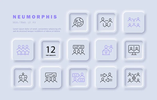 Infographic set simgesi. Takım çalışması, iş adamı, heyet, takım oluşturma, yönetim, ayın çalışanı, analitik. Veri analiz konsepti. Neomorfizm tarzı. İş için vektör satırı simgesi