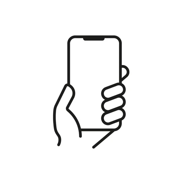 Akıllı telefon hattı simgesi. Elinde telefon var. Dokunmatik ekranlı telefon. Uygulamalar, aramalar, yazışmalar, iletişim, bağlantı. Telefon konsepti. İş ve Reklamcılık için vektör satırı simgesi