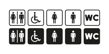 Tuvalet seti simgesi. Erkekler, kızlar ve engelliler için tuvalet, WC metni ile imzalayın. Lavabo konsepti. İş ve Reklamcılık için vektör satırı simgesi