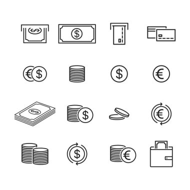 Para set simgesi. Fatura, dolar, ATM, terminal, para, euro, maaş, satın alma, cüzdan, kart, banka, kredi kartı. Ödeme konsepti. İş ve Reklamcılık için vektör satırı simgesi