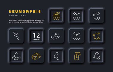 Scin care seti simgesi. Ultraviyole, nemlendirici, bakım, buharlaşma, güneş kremi, güneş yanığı, ıslatma, nemlendirme, sivilce, gözenekler. Hijyen konsepti. Neomorfizm tarzı. İş ve Reklamcılık için vektör satırı simgesi