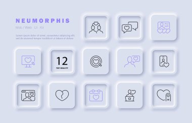 Buluşma web sitesi simgesi. Kalp, sempati, ilişki, düğün, yıldönümü, bakım, çift, aşk manzarası sevgililer günü konsepti gibi. Neomorfizm tarzı. İş ve Reklamcılık için vektör satırı simgesi
