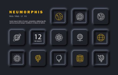 Coğrafya seti simgesi. Dünya, dünya, yörünge, eksen, ekvator, dünya, gezegen, uzay, güneş sistemi, uzay. Harita ve topoğrafya konsepti. Neomorfizm tarzı. İş ve Reklamcılık için vektör satırı simgesi