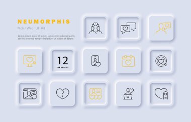 Buluşma web sitesi simgesi. Kalp, sempati, ilişki, düğün, yıldönümü, bakım, çift, aşk manzarası sevgililer günü konsepti gibi. Neomorfizm tarzı. İş ve Reklamcılık için vektör satırı simgesi