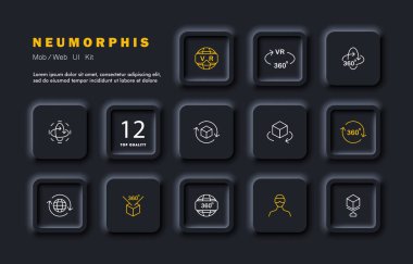 Sanal gerçeklik simgesi. VR gözlükleri, 360 derece, görüş açısı, görüş açısı, oklar, yakınlaş ve çık. Meta evren konsepti. Neomorfizm tarzı. İş ve Reklamcılık için vektör satırı simgesi.