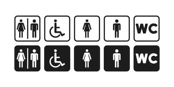 Tuvalet seti simgesi. Erkekler, kızlar ve engelliler için tuvalet, WC metni ile imzalayın. Lavabo konsepti. İş ve Reklamcılık için vektör satırı simgesi
