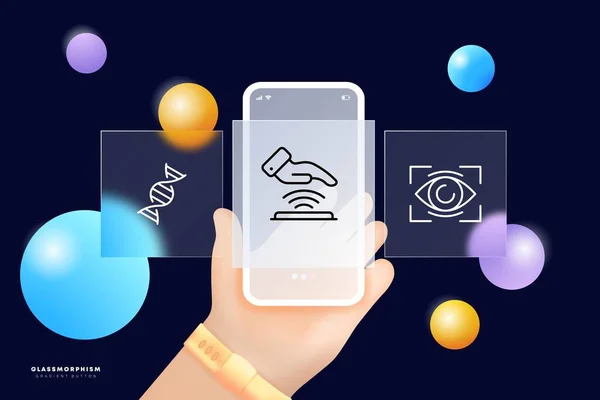 Biometric set icon. Dna, rna, face ID, face recognition and eye authentication, protection. Verification concept. UI phone app screen. Vector line icon for Business and Advertising