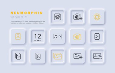 Fotoğraf seti simgesi alınıyor. Kamera, deklanşör, portre, resim, manzara, favori, kalp, artı, düğme. Hobi konsepti. Neomorfizm tarzı. İş ve Reklamcılık için vektör satırı simgesi.