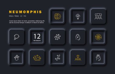 Sanat set simgesi. Müzik, not, çizim, resim, yıldız, ampul, düşünce, beyin, oklar, akıl, resim, sihir. Yaratıcı işgal konsepti. Neomorfizm. İş ve Reklamcılık için vektör satırı simgesi.