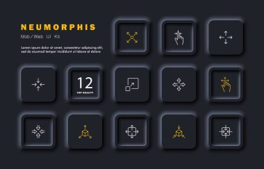 Pencere kontrol düğmeleri simge ayarlandı. Dokunma kontrolü, yakınlaştır, yakınlaştır, tam ekran, küp, 360 derece, görüş açısı, görüş açısı. Teknoloji konsepti. Neomorfizm. İş ve Reklamcılık için vektör satırı simgesi.