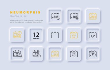 Takvimler simgeyi ayarladı. Zaman yönetimi, dişli, ayarlar, program, randevu, yıldız, tik, olay, saat, çan, uyarı. Planlama konsepti. Neomorfizm. İş ve Reklamcılık için vektör satırı simgesi.