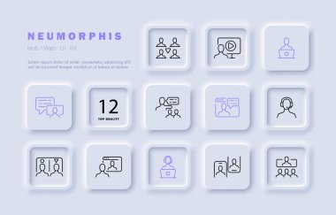 Şirket seti simgesinde çalış. Takım çalışması, online, uzaktan kumanda, çağrı merkezi, operatör, sohbet, iletişim, danışma, çalışan. İş konsepti. Neomorfizm. İş ve Reklamcılık için vektör satırı simgesi.