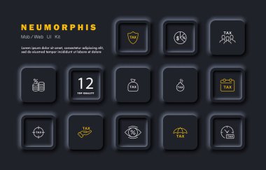 Vergi seti simgesi. Bomba, patlama, kalkan, takvim, görüş, göz, indirim, yüzde, saat, vergi zamanı, nakit para. Maaş konsepti. Neomorfizm tarzı. İş ve Reklamcılık için vektör satırı simgesi
