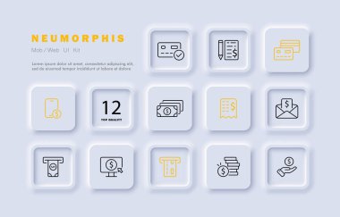 Para set simgesi. Sipariş, makbuz, posta, spam, tıklama, fatura, banknot, kredi, ATM, terminal, bağlantısız ödeme. İşlem konsepti. Neomorfizm tarzı. İş ve Reklamcılık için vektör satırı simgesi