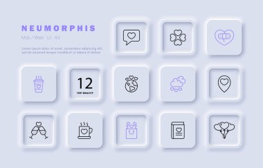 Yıldönümü simgesi. Kalp, işaret, balon, hediye, sempati, ilişki, düğün, romantizm, ilgi, çift, aşk manzarası Sevgililer Günü konsepti. Neomorfizm tarzı. İş için vektör satırı simgesi