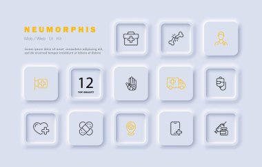 Tıp seti simgesi. İlk yardım çantası, evrak çantası, kırık, doktor, eczane, bandaj, ambulans, düşürücü, enjeksiyon, alçı, kalp. Sağlık hizmeti konsepti. Neomorfizm tarzı. İş için vektör satırı simgesi