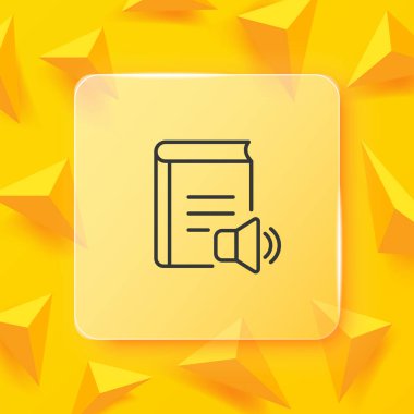 Ses kitabı satırı simgesi. Tik, not, yer imi, okuma listesi, dinle, kalem, kütüphane, eğitim, yazar, edebiyat, yazar. Yazar konsepti. Glasmorfizm tarzı. İş için vektör satırı simgesi