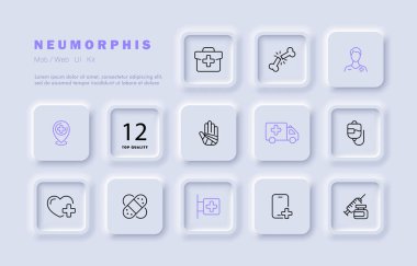 Fizik set simgesi. İlaç, kırık, bandaj, damlalık, ambulans, iğne, damlatıcı, eczane, ilk yardım çantası. Sağlık hizmeti konsepti. Neomorfizm tarzı. İş ve Reklamcılık için vektör satırı simgesi