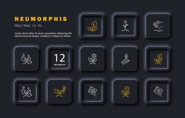 Fizyoloji seti simgesi. bitki, çiçek, yaprak, tohum, gübre, bahçe, botanik bahçesi, fotosentez. Ekoloji konsepti. Neomorfizm tarzı. İş ve Reklamcılık için vektör satırı simgesi