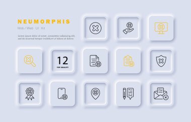 Hata simgesi ayarlandı. Kızıl haç, kapat, işaretle, ayır, işaretle, işaretle, kaydet, onayla, tavsiye etme, reddet, iptal et, hata. İşaretli konsept. Neomorfizm tarzı. İş için vektör satırı simgesi