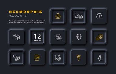 Para set simgesi. Banknote, iş, kazanç, gelir, ödeme, vergi ödeme zamanı, kariyer, büyüme, hesap makinesi. Maaş konsepti. Neomorfizm tarzı. İş ve Reklamcılık için vektör satırı simgesi