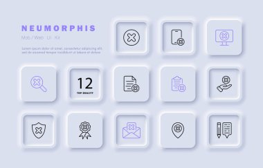 Hata ayarı simgesi. Kızıl haç, kontrol edildi, geri alındı, izlendi, işaretlendi, işaretlendi, pano onaylandı, tavsiye edilmedi, reddedildi, iptal edildi, hata. İşaretli konsept. Neomorfizm tarzı. İş için vektör satırı simgesi