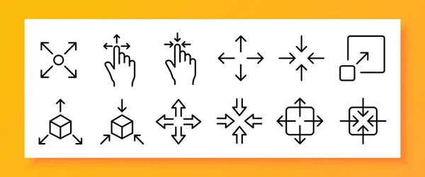フルスクリーンの矢印がアイコンを設定します ズームイン ズームアウト スケール タッチコントロール 最小化 最大化 仮想現実 テクノロジーの概念 ビジネスと広告のベクトルラインアイコン — ストックベクタ