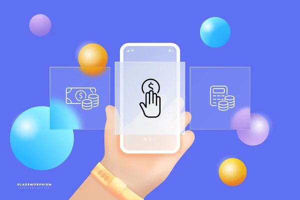 Ödeme simgesi. Fatura, maaş, para, para, alışveriş, terminal, dolar, işlem, hesap makinesi, gelir, harcamalar. Cam morfizmi. UI telefon uygulaması ekranı. İş ve Reklamcılık için vektör satırı simgesi
