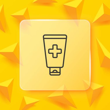 Diş macunu çizgisi simgesi. El kremi, masaj, maske, merhem, tıraş jeli, kırmızı haç tüpü. Sağlık hizmeti konsepti. Glasmorfizm tarzı. İş ve Reklamcılık için vektör satırı simgesi