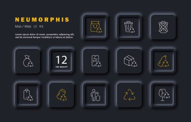 Geri dönüşüm simgesi. Çöp, çöp, çöp, çöplük, plastik, konserve yiyecekler, teneke kutular, çekirdekler, polietilen, kirlilik. Yeşil barış kavramı. Neomorfizm tarzı. İş ve Reklamcılık için vektör satırı simgesi