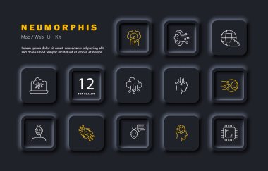 Teknoloji simgesi belirledi. Elektronik, robot, yapay zeka, bulut depolama, sunucu, robot, işlemci, yapılandırma, programlama. Neomorfizm tarzı. İş ve Reklamcılık için vektör satırı simgesi