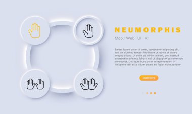 Avuçlar simgeye otursun. Merhaba de, el salla, aç, dur, imzala, sözlü olmayan iletişim. Jest konsepti. Neomorfizm tarzı. İş ve Reklamcılık için vektör satırı simgesi.