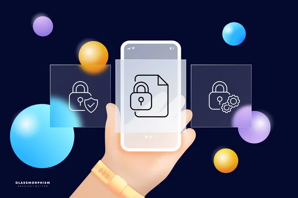 Privacy Locks Set Icon Document Shield Gear Checkmark Password Protection — Vetor de Stock