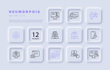 Kimyasal araştırma seti simgesi. Doğal, matara, test tüpü, bilgisayar, DNA molekülü, kitap, bilim adamı, sinir ağı, telefon, atom, büyüteç. Bilim konsepti. Neomorfizm. İş için vektör satırı simgesi.