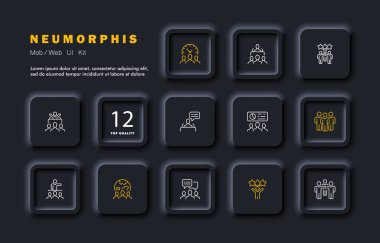 Takım çalışması simgesi. Bir grup insan, zaman, saat, tribün, yıldız, derecelendirme, başarı, konuşma balonu, pasta grafiği, gezegen, internet, analitik. İş konsepti. Neomorfizm. Vektör satırı simgesi.