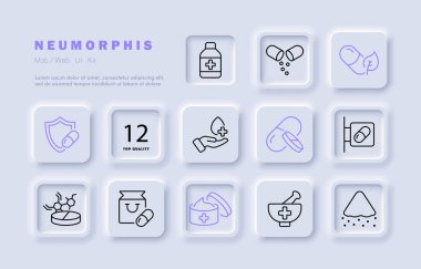 İlaçlar ikon oluşturdu. Hap, yaprak, kalkan, bağışıklık, el, reçete, eczane tabelası, şifa merhemi, havan topu, tokmak, formül. Sağlık sigortası konsepti. Neomorfizm. İş için vektör satırı simgesi.