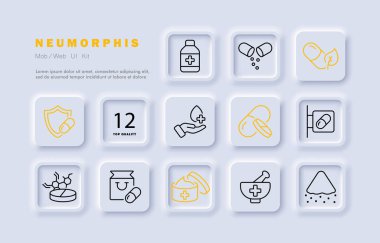 İlaçlar ikon oluşturdu. Hap, yaprak, kavanoz, kalkan, tablet, eczane tabelası, formül, çanta, krem, haç, harç, tokmak. Sağlık sigortası konsepti. Neomorfizm. İş ve Reklamcılık için vektör satırı simgesi.