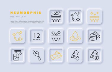 Cilt bakımı simgesi. Dış etkiye karşı koruma, hidrasyon, tedavi, su damlası, yaprak, eko, yüz maskesi, haç. Güzellik konsepti. Neomorfizm tarzı. İş ve Reklamcılık için vektör satırı simgesi.