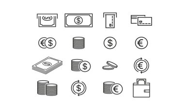 Banknotes and coins set icon. Money, currency, bank card, dollar, euro, wallet, cash register, banking, income, savings, business. Financial management concept. Vector line icon for Advertising.