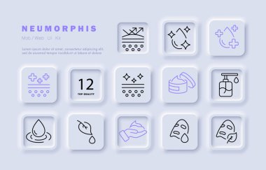 Cilt rutin set simgesi. Koruma, spf, güneş kremi, hidrasyon, su damlası, tedavi, temiz gözenekler, besleyici krem, nemlendirici, maske, yaprak, köpük. Kişisel bakım konsepti. Neomorfizm. Vektör satırı simgesi.