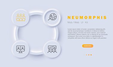 Çalışan iletişim simgesi. Gezegen, dünya çapında, uzak çalışma, internet, çevrimiçi, derecelendirme yıldızları, başarılar, büyüyen istatistikler. İş konsepti. Neomorfizm tarzı. Reklamcılık için vektör satırı simgesi.