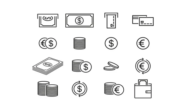 Banknotes Coins Set Icon Money Currency Bank Card Dollar Euro — Stok Vektör