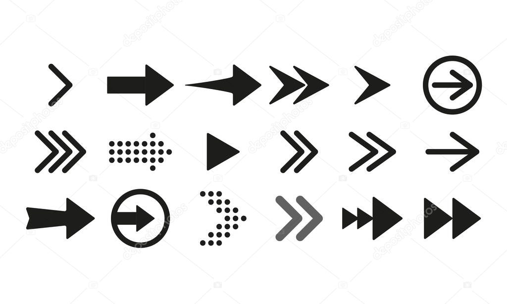 Arrows for website buttons set icon. Next page, scroll, leaf through, follow the link, right swipe, left, cursor, sign. Technology concept. Vector line icon for Business and Advertising.