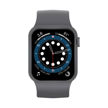 Realistic vector illustration of Apple watch 7 series. In sikver color on white background. Clock mockup for your design. Vector line icon for Business and Advertising