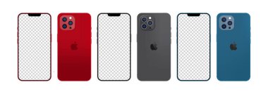 Apple iPhone 13. Smart phone. Available in red, blue and dark. New iPhone 13 pro max. Mock-up screen iphone and back side iphone. By Apple Inc. Vector line icon for Business and Advertising
