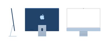 Monitor on a transparent background. New iMac 24 inch personal computer made by Apple Computers. esktop computer in front, back and side view. Personal computer on a white background.