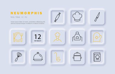 Mutfak gereçleri simgesini ayarladı. Çatal, bıçak, tabak, çırpı, saat, merdane, aşçı, kepçe, apron, tencere, tutucu, yemek kitabı. Yemek pişirme konsepti. Neomorfizm tarzı. Reklamcılık için vektör satırı simgesi.