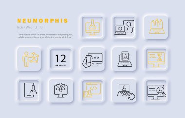 Kimya seti simgesi. Laboratuvar, bilgisayar, atom, telefon, sinirsel ağ, formül, kitap, DNA, genetik, molekül, altıgen, web sitesi, büyüteç, araştırma. Bilim konsepti. Neomorfizm. Vektör satırı simgesi.