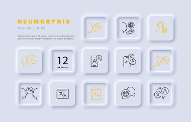 Çevirmen simge ayarladı. Uygulama, operatör, yabancı dil, sözlük, telefon, web sitesi, kelime hazinesi, gezegen, ses girişi, dünya çapında, konuşma. İletişim konsepti. Neomorfizm. Reklamcılık için vektör satırı simgesi